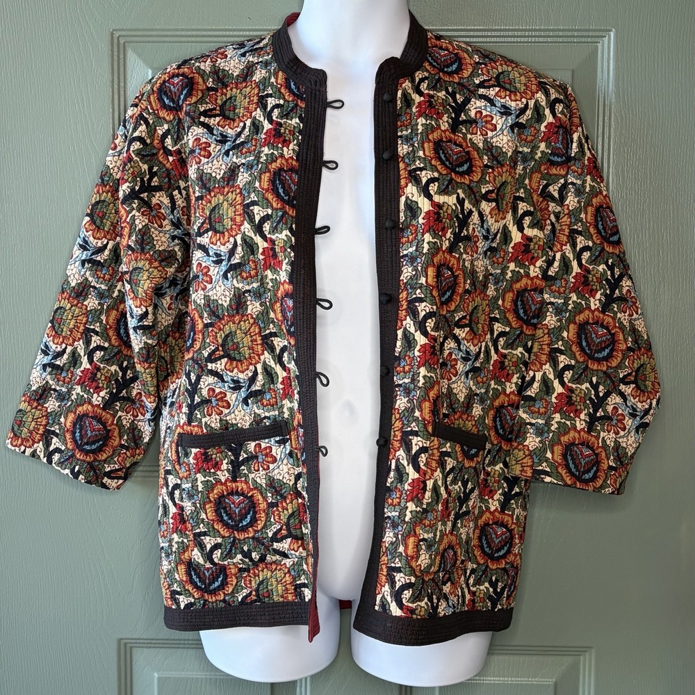Reversible Quilted Jacket XL Floral Botanical Boho Chore Coat Asian Art to Wear - Picture 12 of 16